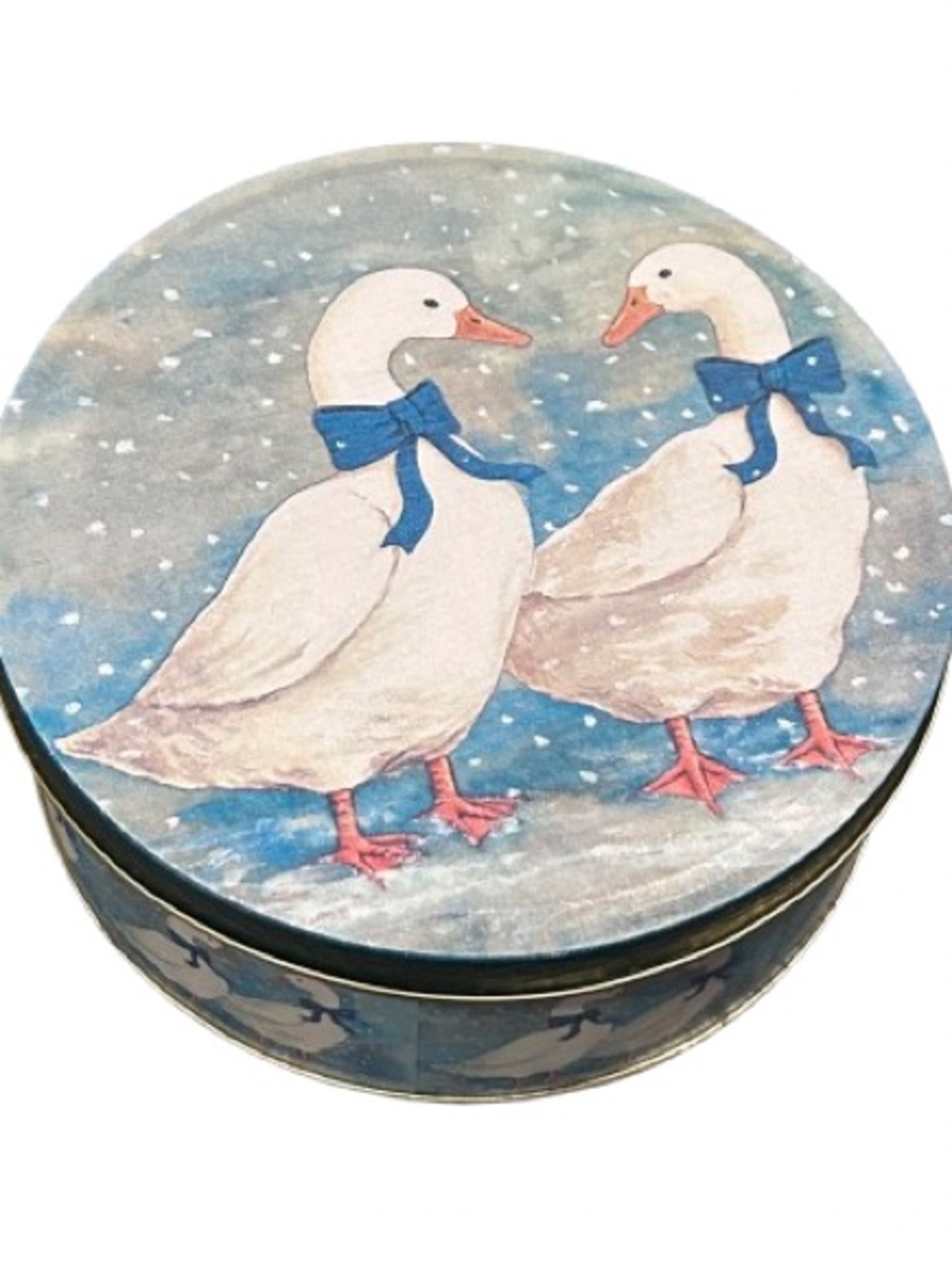 VTG 80s Round Goose Tin Blue Ribbon Bow Cottagecore Farmhouse Decor Storage